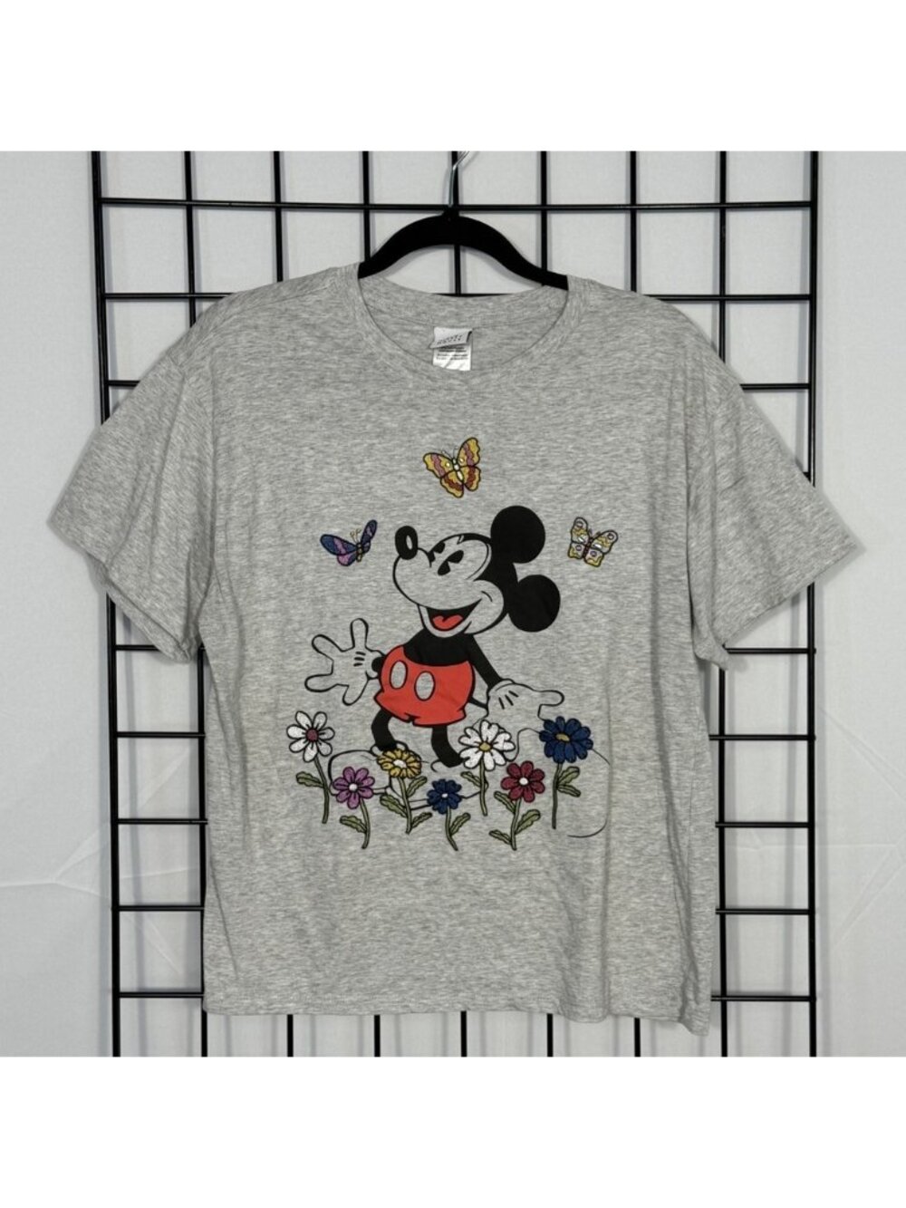 Disney Mickey Mouse T-Shirt Womens Large Gray Embroidered Flowers Butterflies
